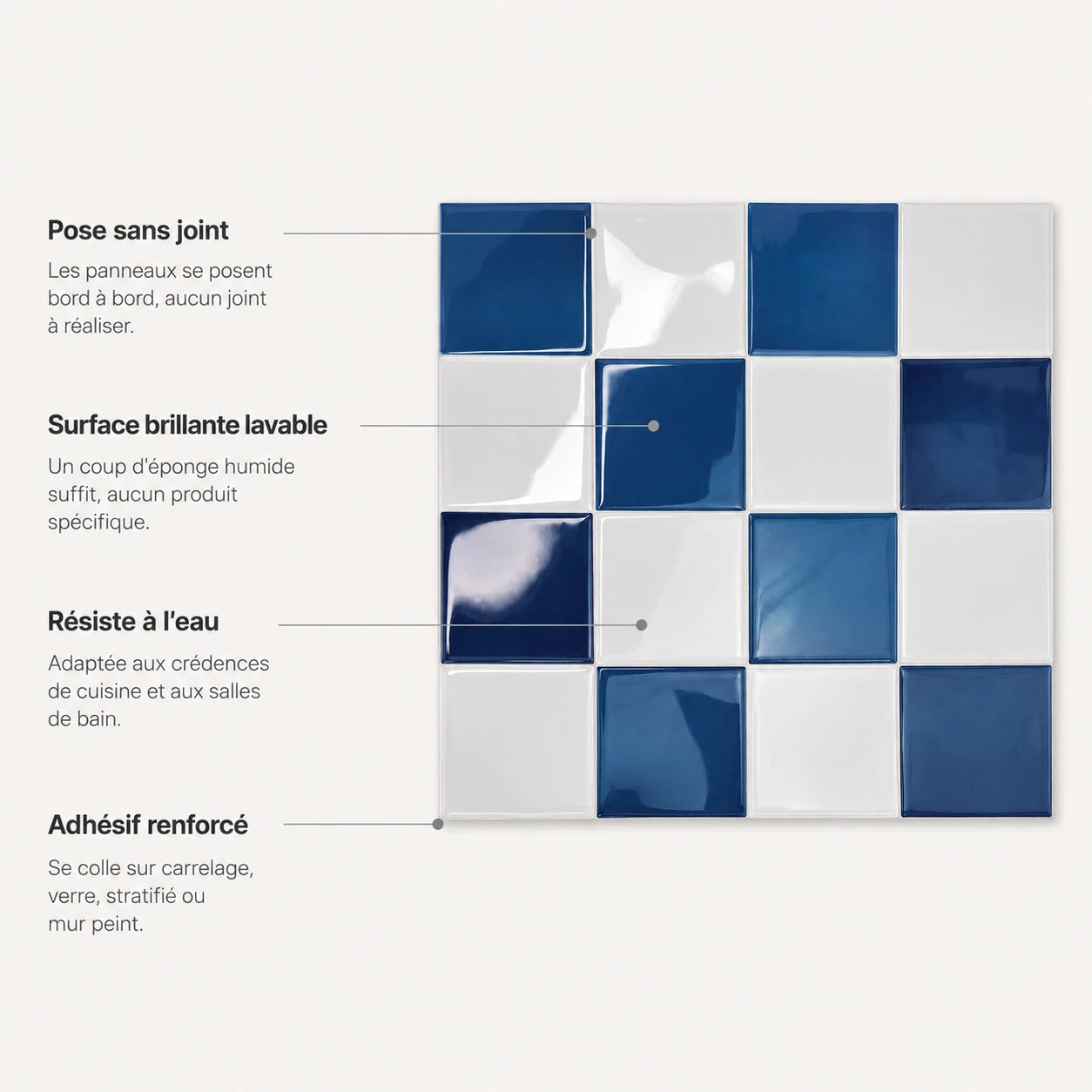 Caractéristiques du carrelage adhésif bleu saphir Cobalta : pose sans joint, lavable, résistant à l'eau