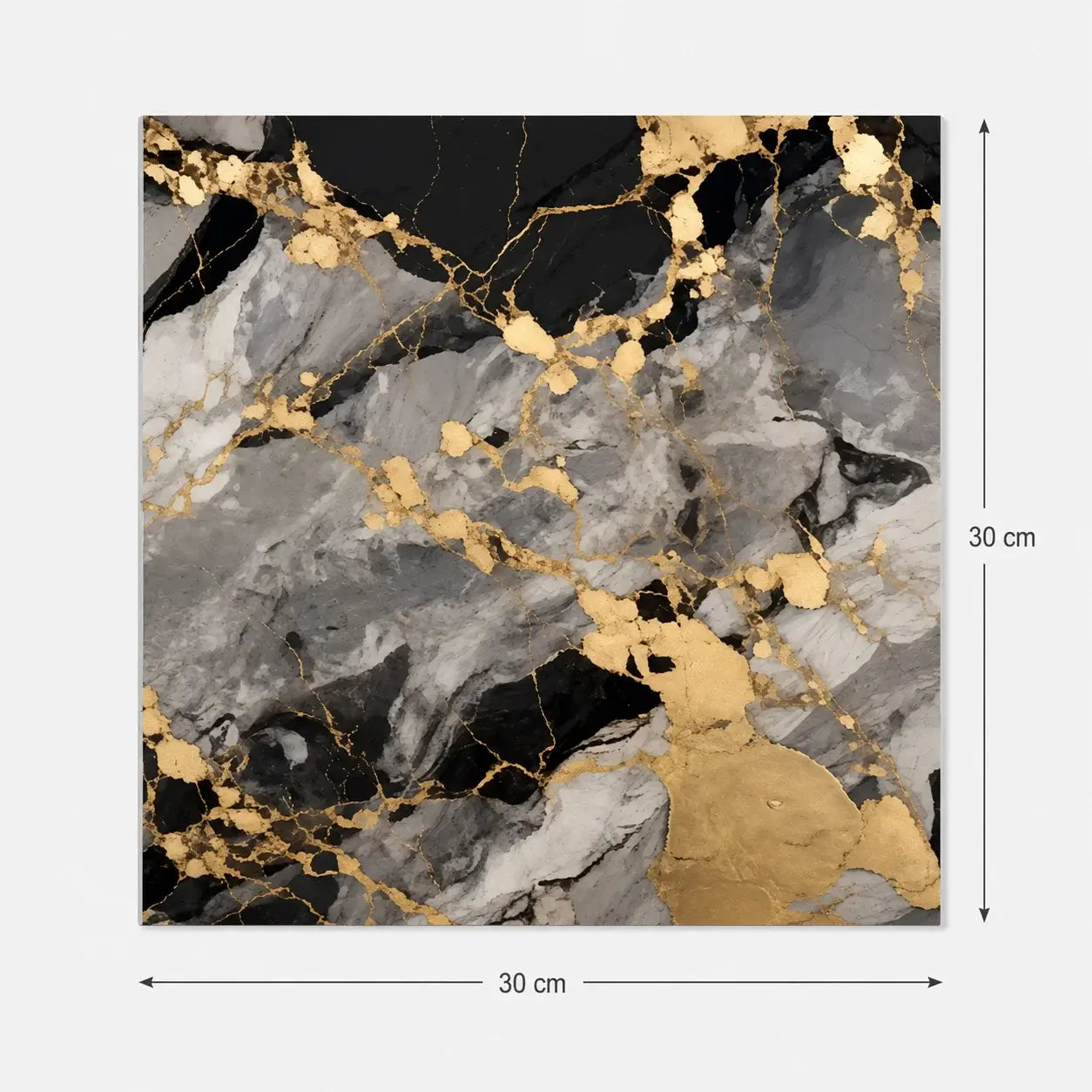 Panneau mural Onyxia 30 × 30 cm effet marbre noir et gris avec larges veines dorées sur fond blanc