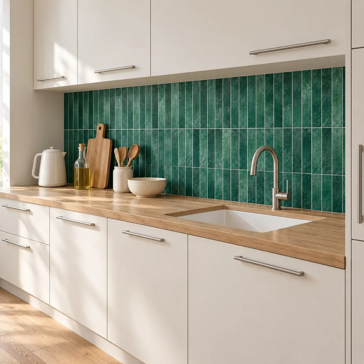 Crédence de cuisine en carrelage adhésif vert émeraude Esmera, façades blanches et plan de travail en bois