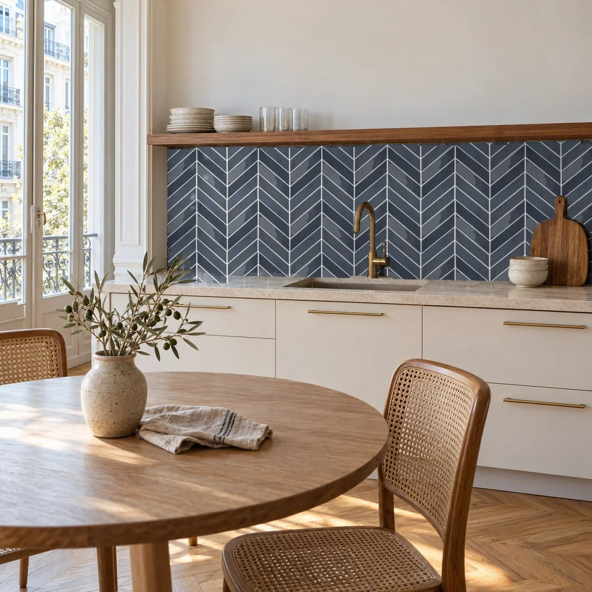 Cuisine ouverte d'appartement haussmannien avec crédence en carrelage adhésif chevron bleu ardoise sous une étagère en noyer, table ronde en chêne et chaises cannées