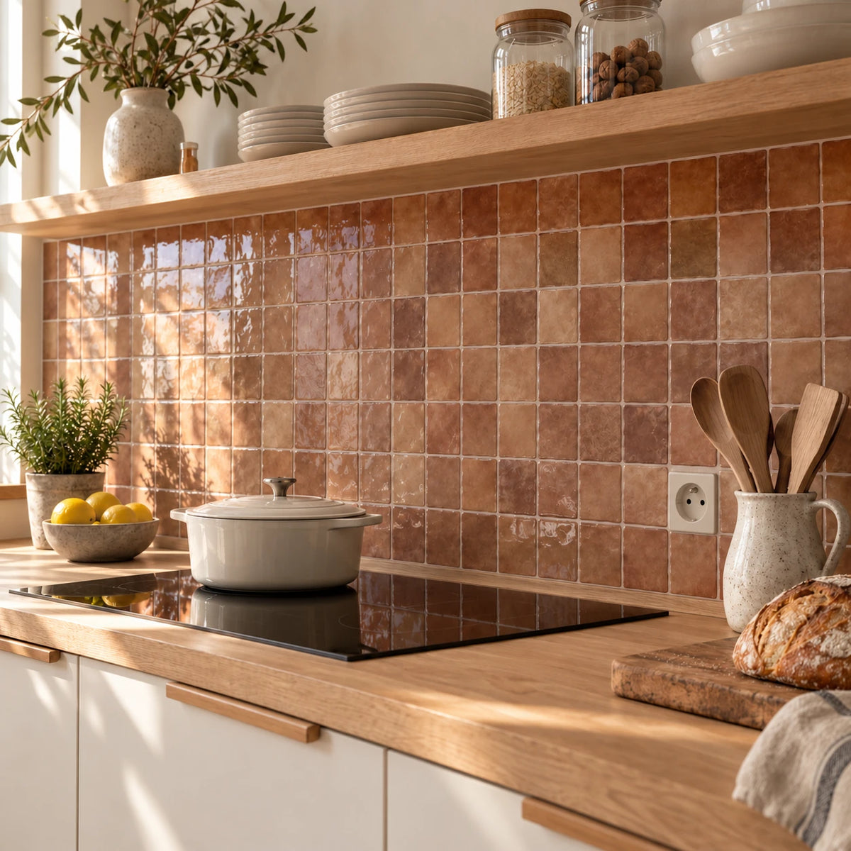 Crédence de cuisine en carrelage adhésif effet zellige terracotta Zella, plan de travail et étagère en chêne
