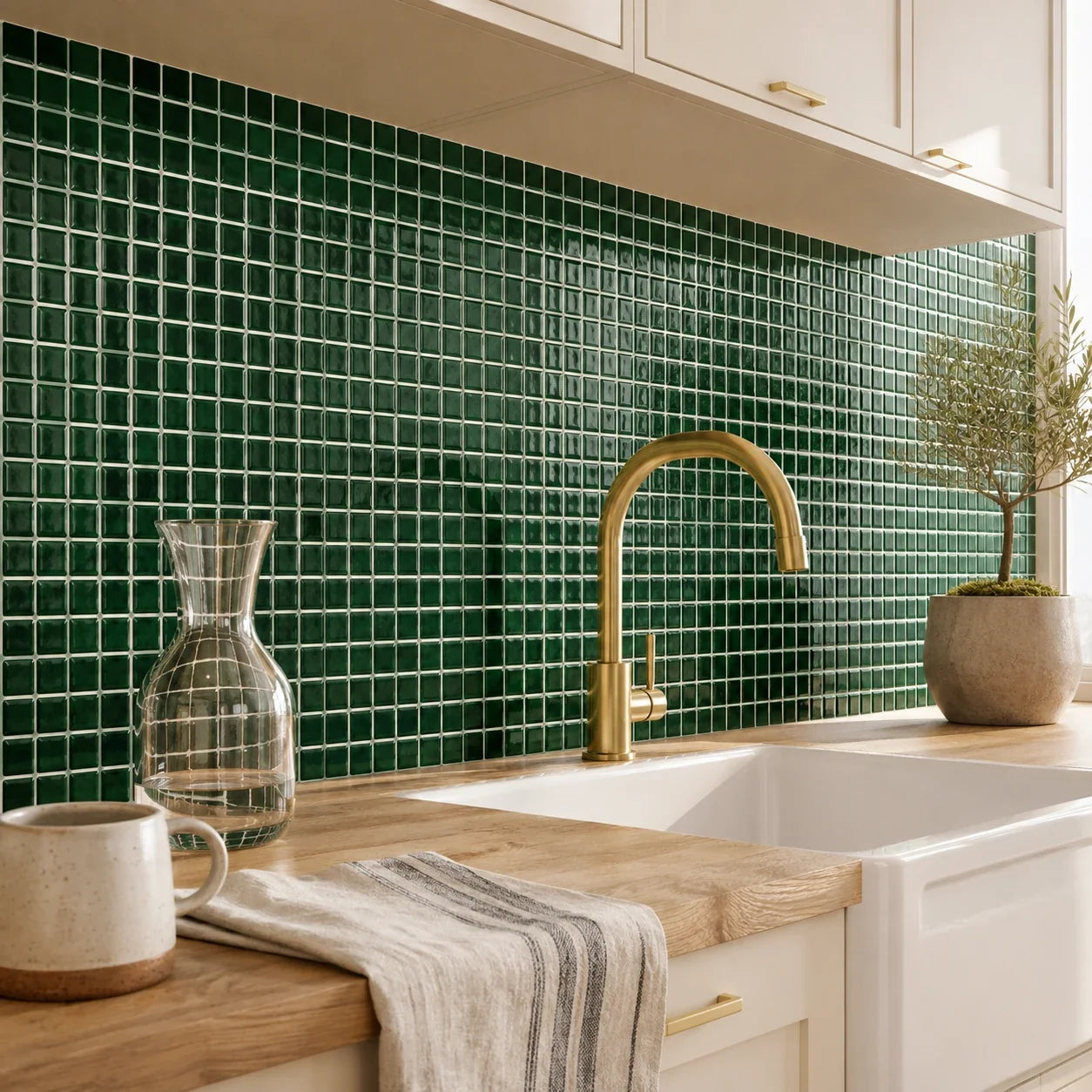 Crédence de cuisine en carrelage adhésif mosaïque vert bouteille Sylva avec évier en céramique et robinet doré