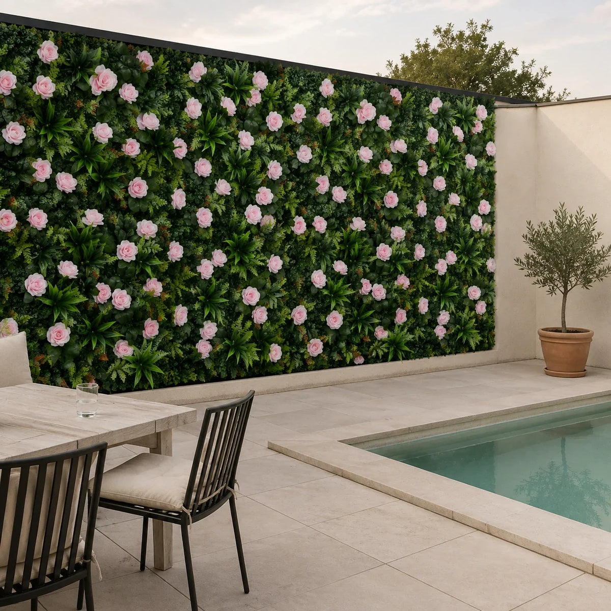 Mur végétal artificiel à roses roses sur un mur de terrasse au bord d'une piscine