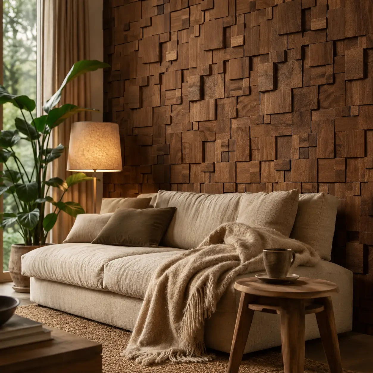 Mur entièrement recouvert de panneaux muraux 3D Kubo en bois de noyer, composé de blocs en relief, dans un salon avec canapé beige, lampe et plante verte.
