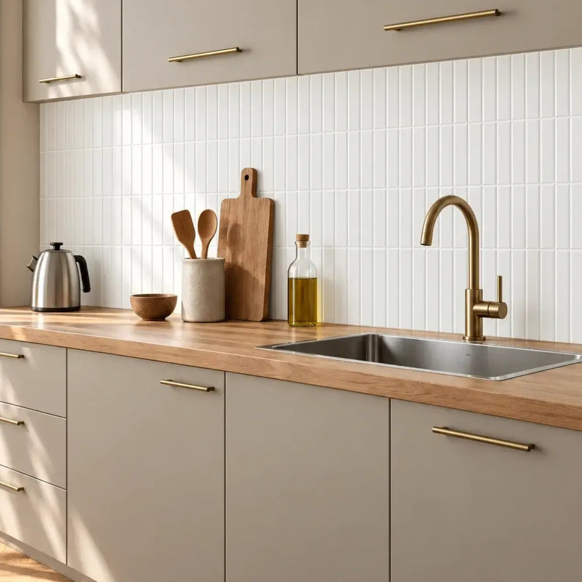 Crédence de cuisine en carrelage adhésif blanc brillant à baguettes, façades taupe, plan en bois et robinet laiton