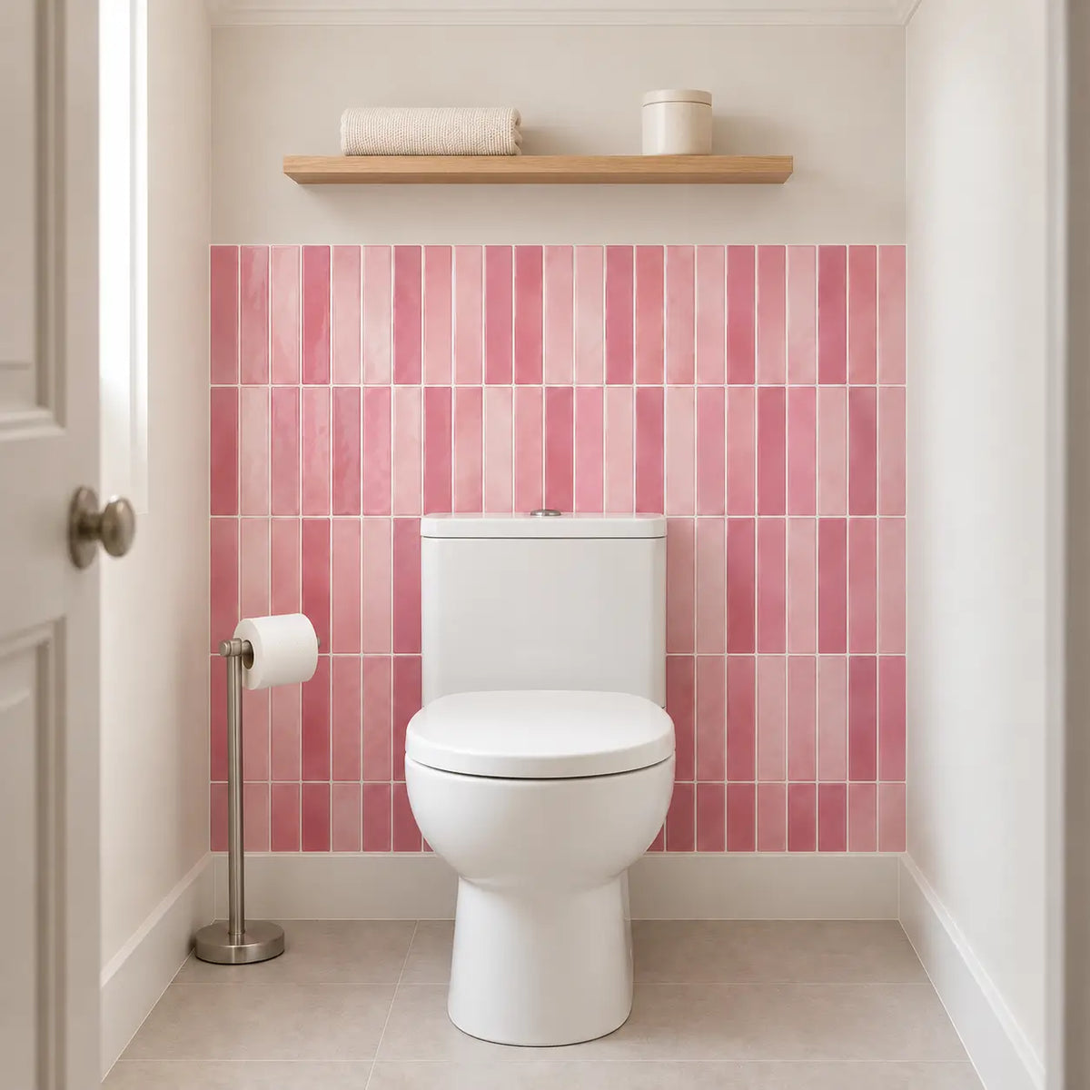 Toilettes avec mur du fond en carrelage adhésif vieux rose à baguettes et étagère en bois