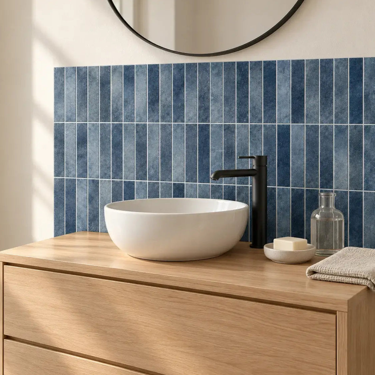 Dosseret de salle de bain en carrelage adhésif bleu indigo Oceana, vasque à poser blanche et meuble en chêne