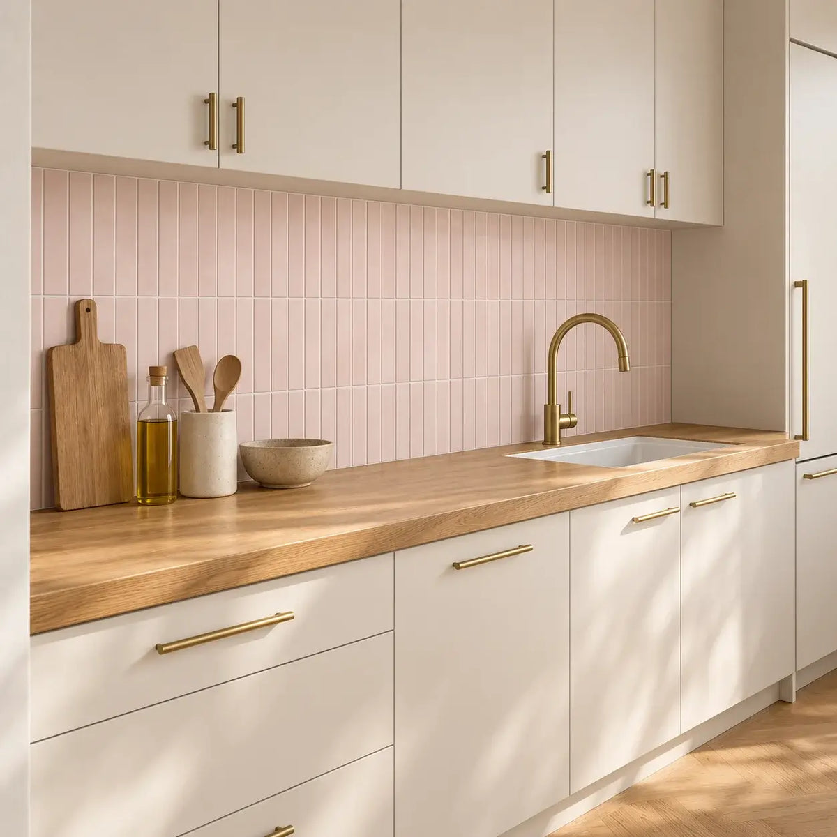 Crédence de cuisine en carrelage adhésif rose poudré Aurora, meubles blancs à poignées laiton, plan en chêne