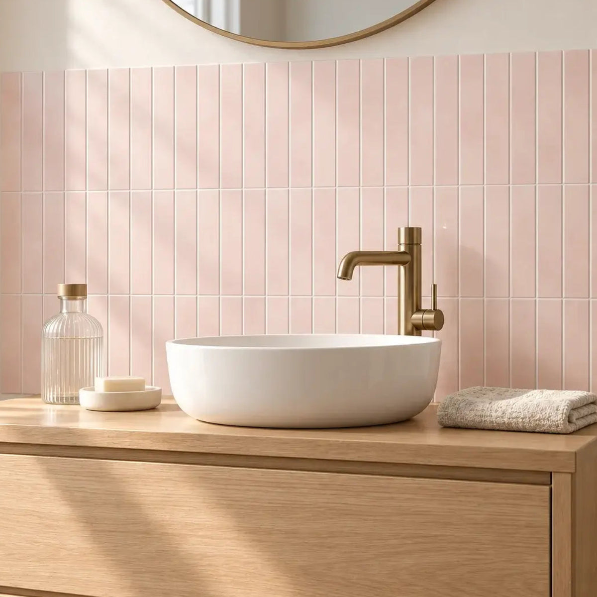 Dosseret de salle de bain en carrelage adhésif rose poudré Aurora, vasque blanche et mitigeur laiton