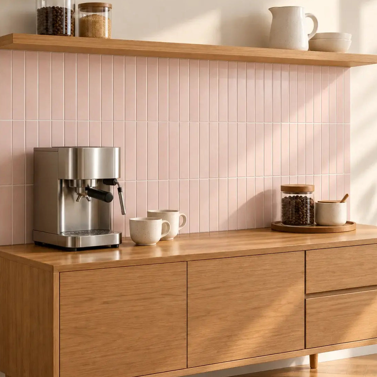 Coin café avec carrelage adhésif rose poudré Aurora au-dessus d'un buffet en chêne, étagère murale en bois