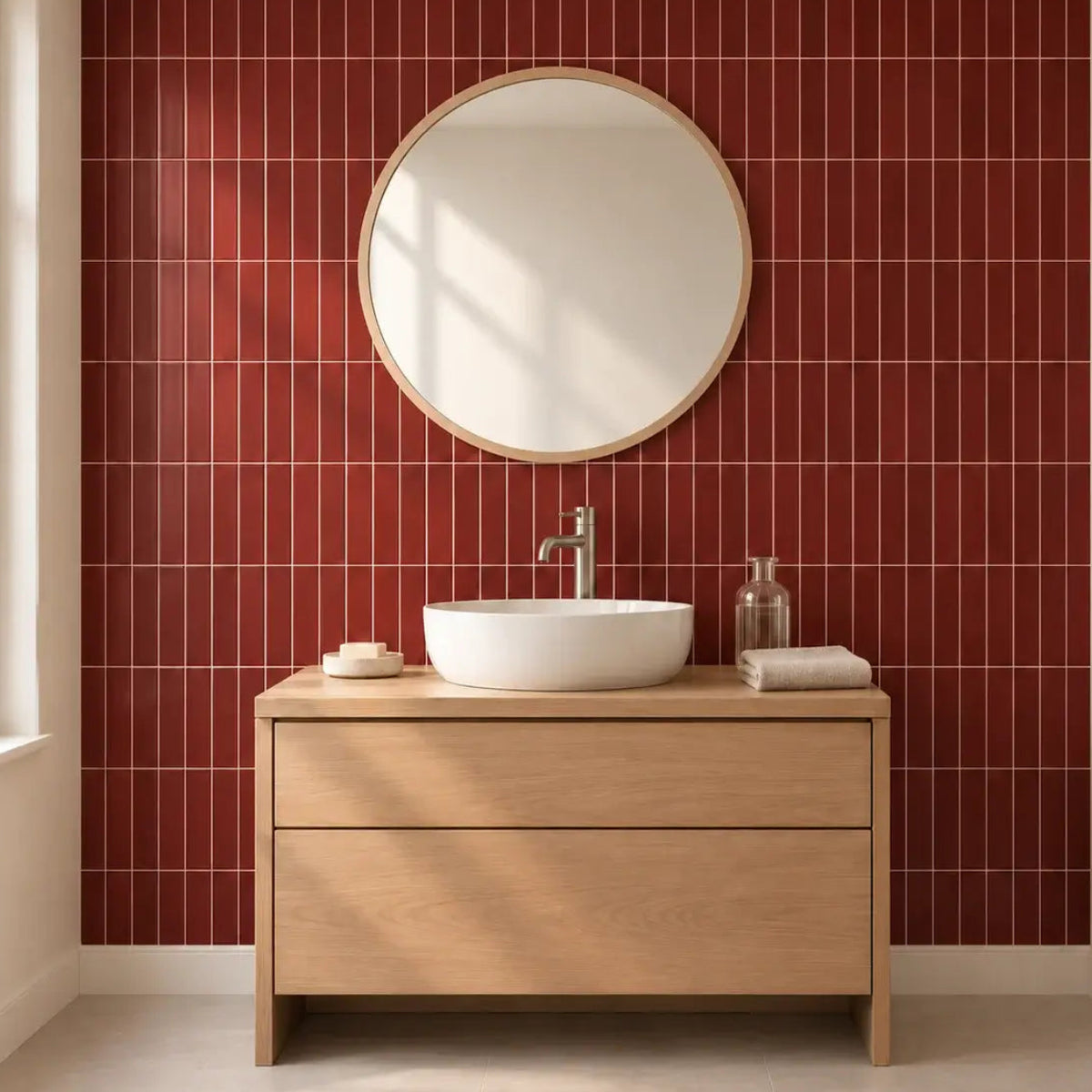 Mur de salle de bain en carrelage adhésif rouge bordeaux à baguettes, meuble vasque en bois et miroir rond