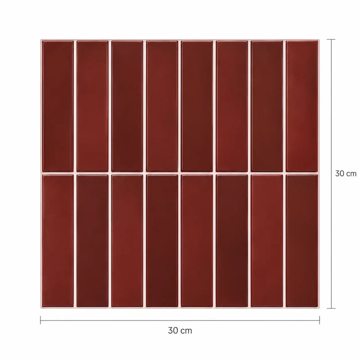 Schéma des dimensions du carreau adhésif à baguettes rouge bordeaux : 30 x 30 cm