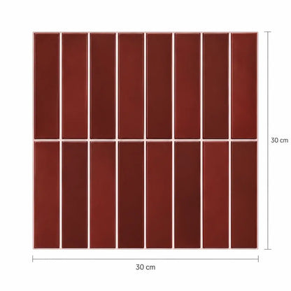 Schéma des dimensions du carreau adhésif à baguettes rouge bordeaux : 30 x 30 cm