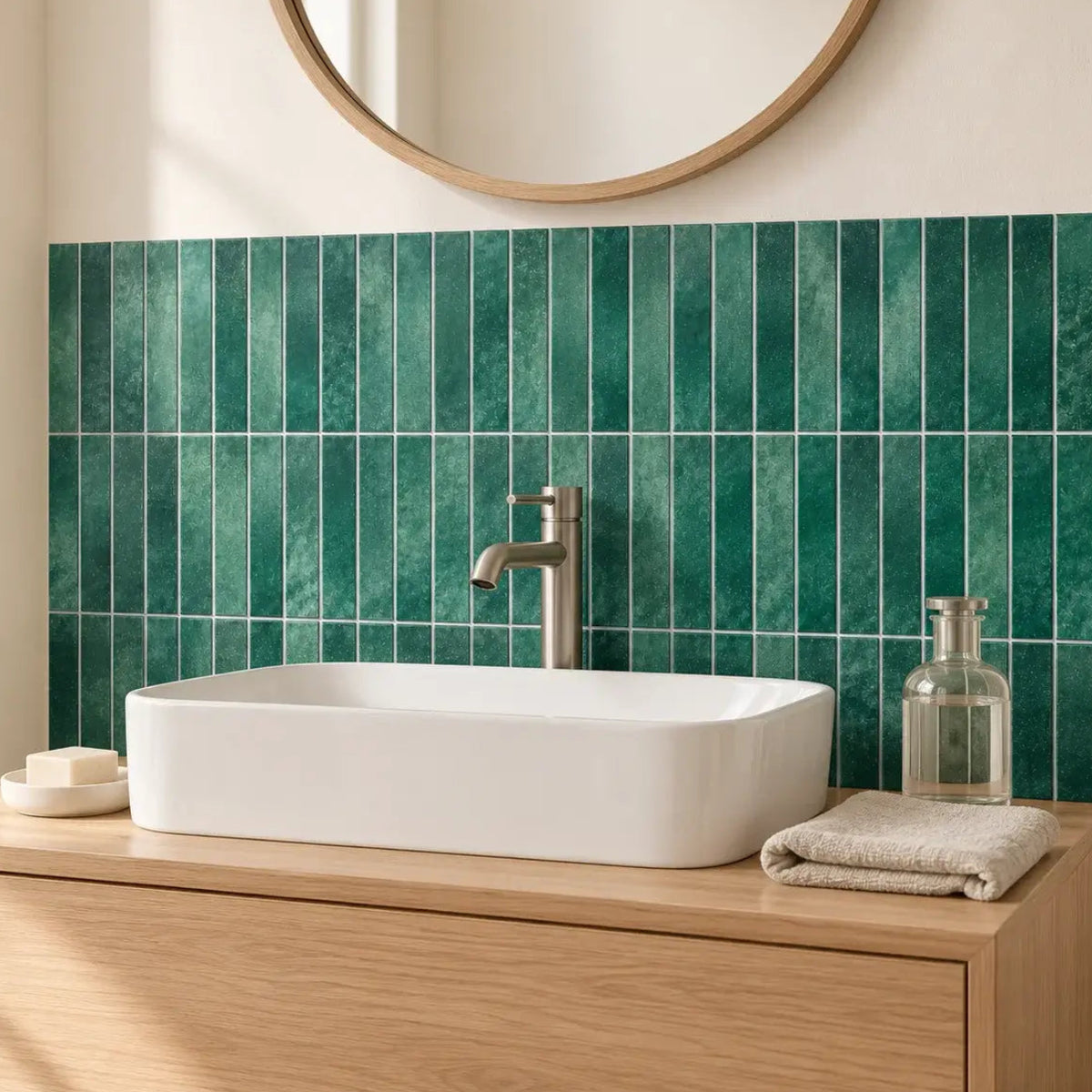 Dosseret de salle de bain en carrelage adhésif vert émeraude Esmera, vasque blanche et meuble en chêne clair