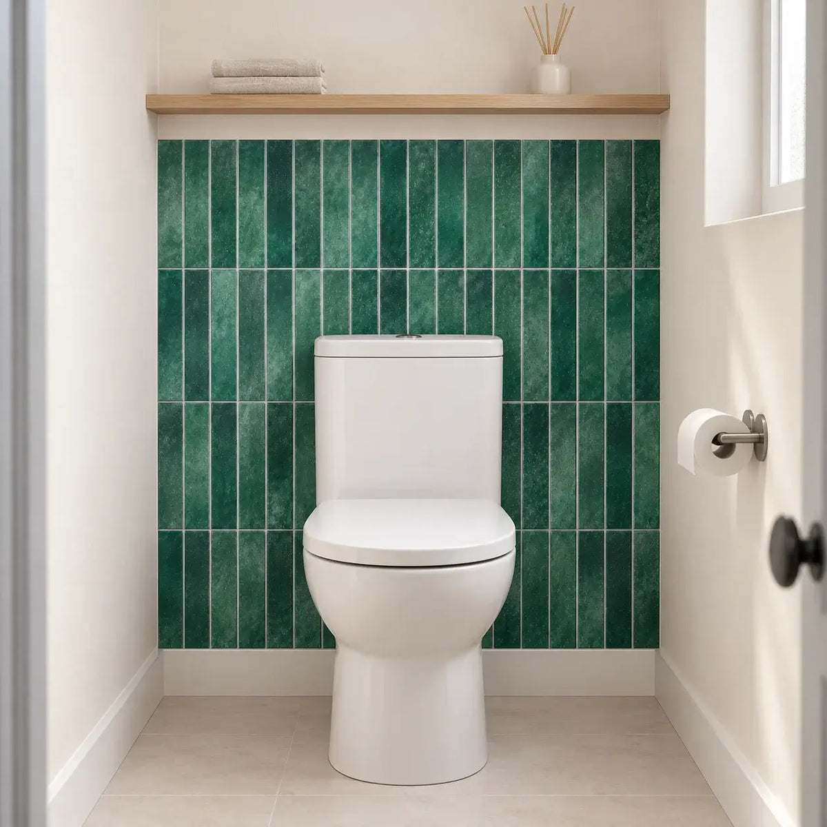 Mur des toilettes habillé de carrelage adhésif vert émeraude Esmera derrière la cuvette, étagère en bois au-dessus