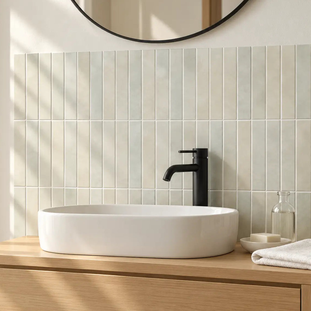 Dosseret de salle de bain en carrelage adhésif vert sauge Opalia, vasque à poser blanche et meuble en chêne clair