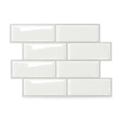 Plaque de carrelage adhésif métro 3D blanc 29,4 x 21,3 cm, huit briquettes brillantes vues de face sur fond blanc