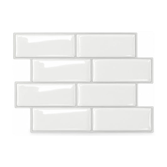 Plaque de carrelage adhésif métro 3D blanc 29,4 x 21,3 cm, huit briquettes brillantes vues de face sur fond blanc