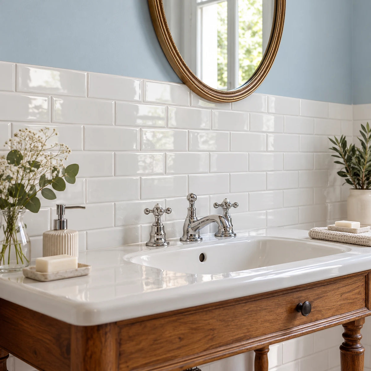 Meuble de toilette ancien en bois avec vasque blanche, robinets chromés et carrelage adhésif métro blanc sous un mur bleu pâle