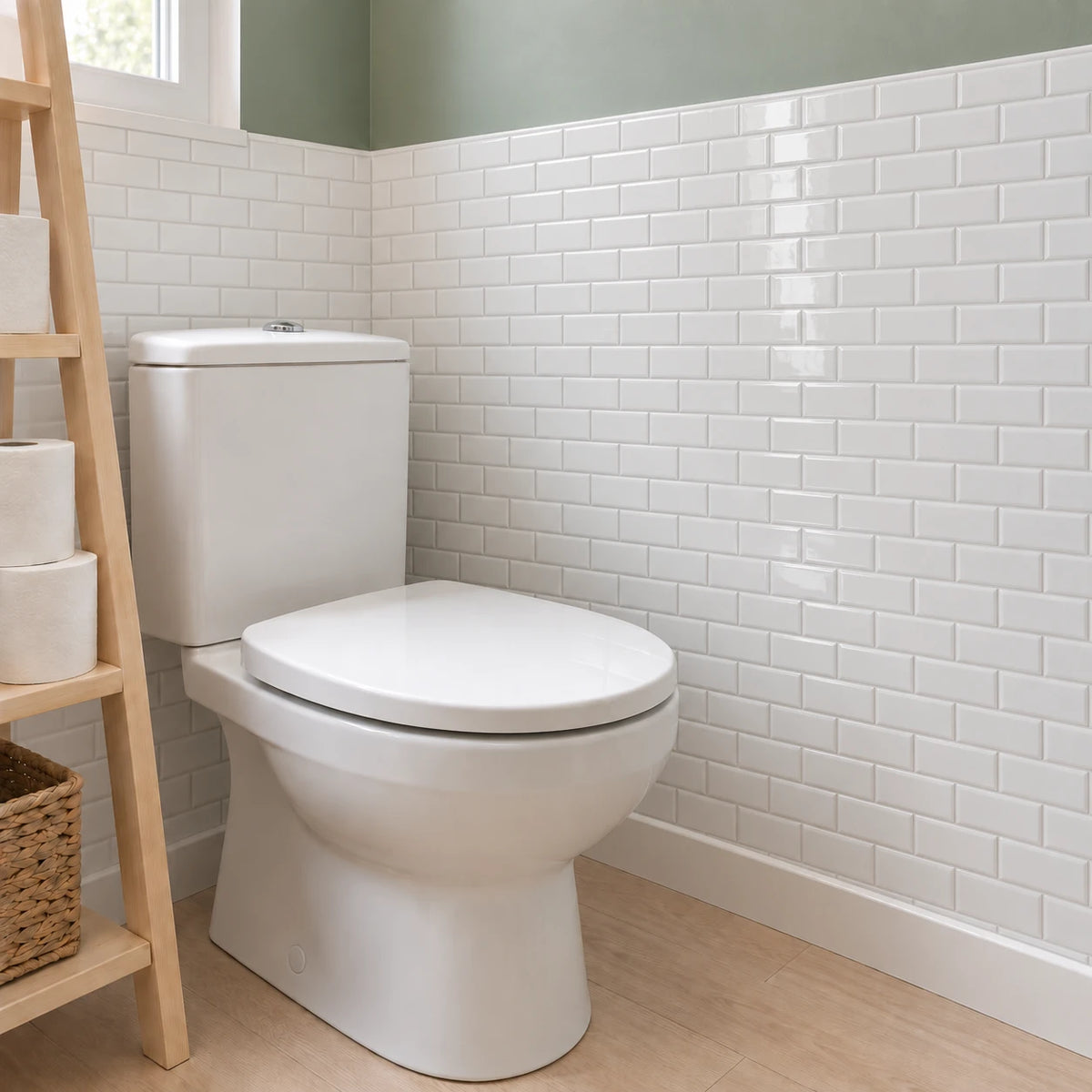 Toilettes avec WC à réservoir, échelle en bois et carrelage adhésif métro blanc sous un mur vert sauge