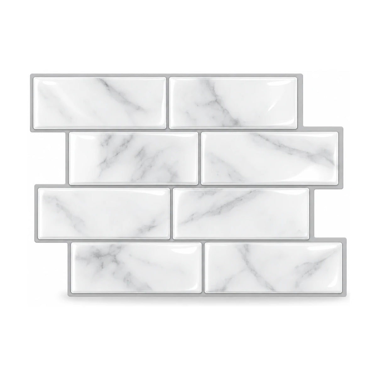 Plaque de carrelage adhésif métro 3D blanc marbré 29,4 x 21,3 cm, huit briquettes brillantes vues de face sur fond blanc