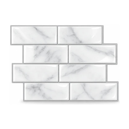 Plaque de carrelage adhésif métro 3D blanc marbré 29,4 x 21,3 cm, huit briquettes brillantes vues de face sur fond blanc