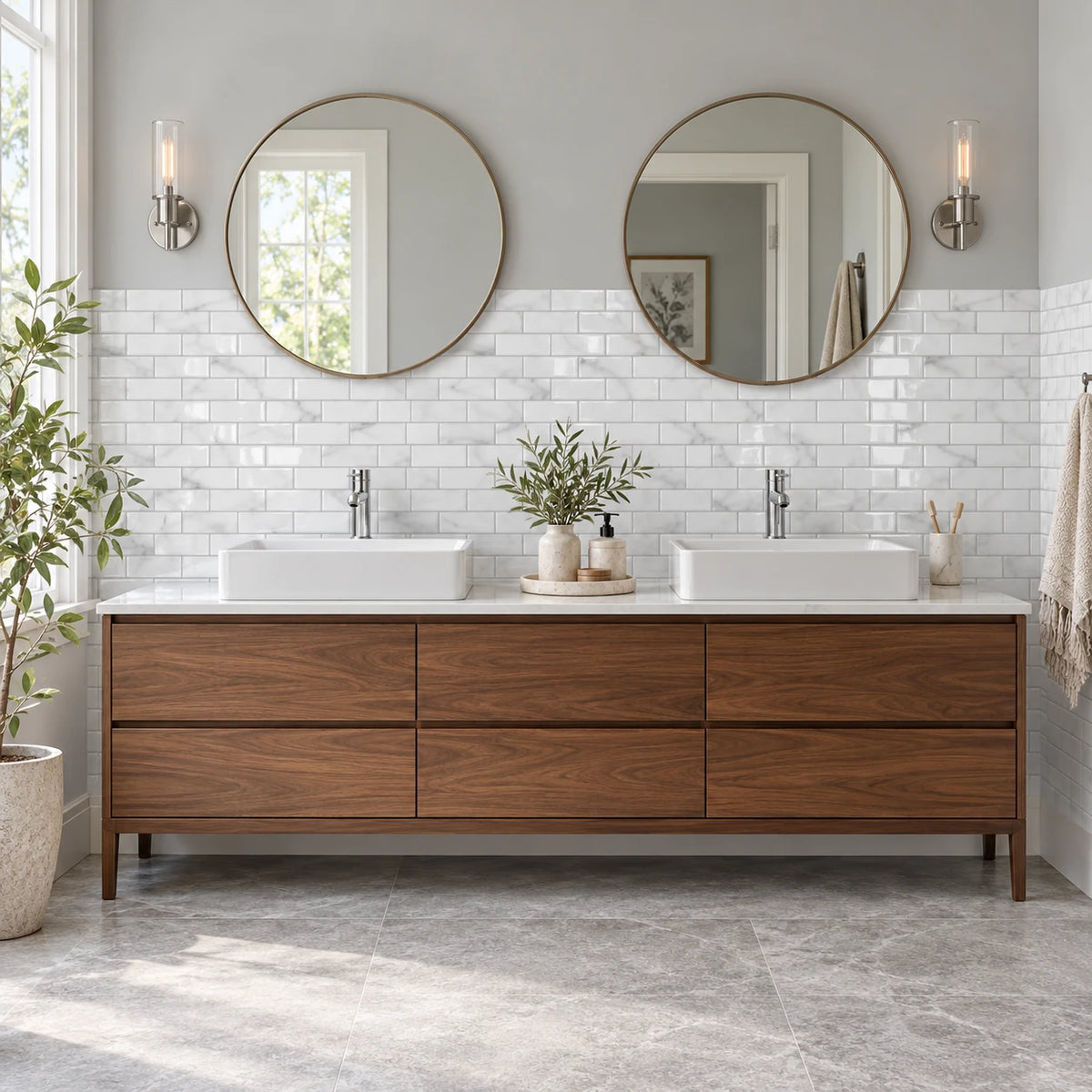 Salle de bain avec double vasque sur meuble en noyer et carrelage adhésif métro blanc marbré sous deux miroirs ronds
