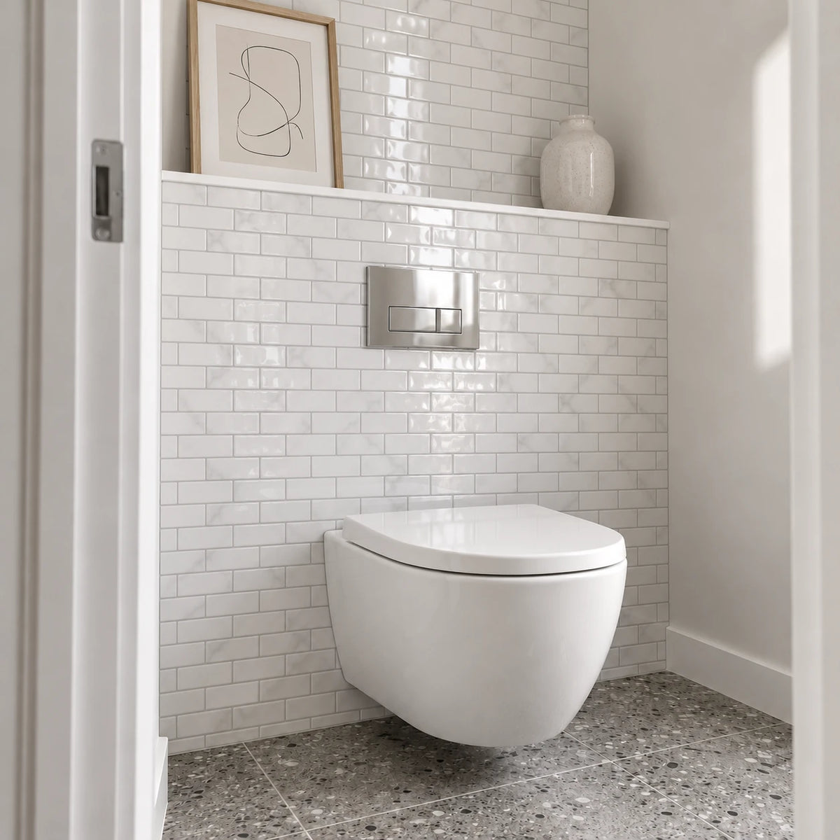 Toilettes avec coffrage et tablette habillés de carrelage adhésif métro blanc marbré, WC suspendu et plaque de commande chromée