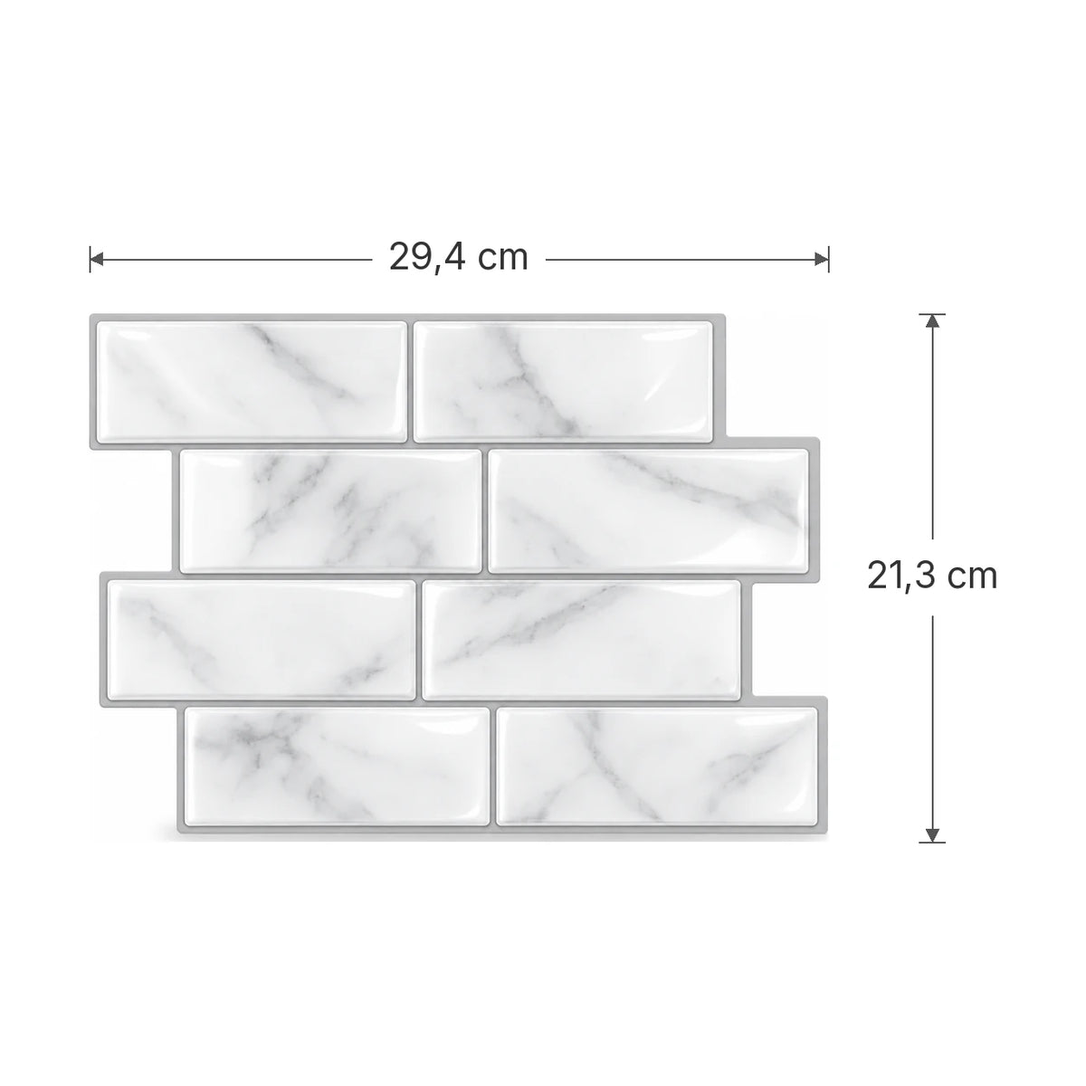 Schéma des dimensions de la plaque de carrelage adhésif métro 3D blanc marbré : 29,4 x 21,3 cm