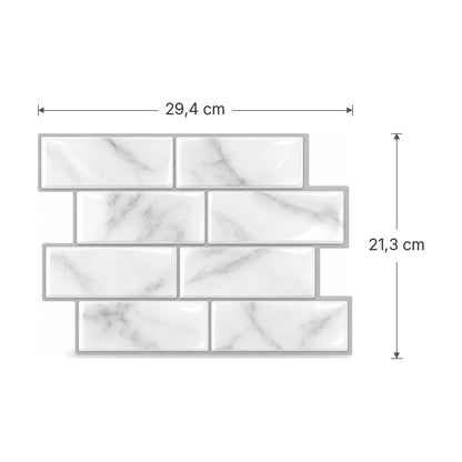 Schéma des dimensions de la plaque de carrelage adhésif métro 3D blanc marbré : 29,4 x 21,3 cm