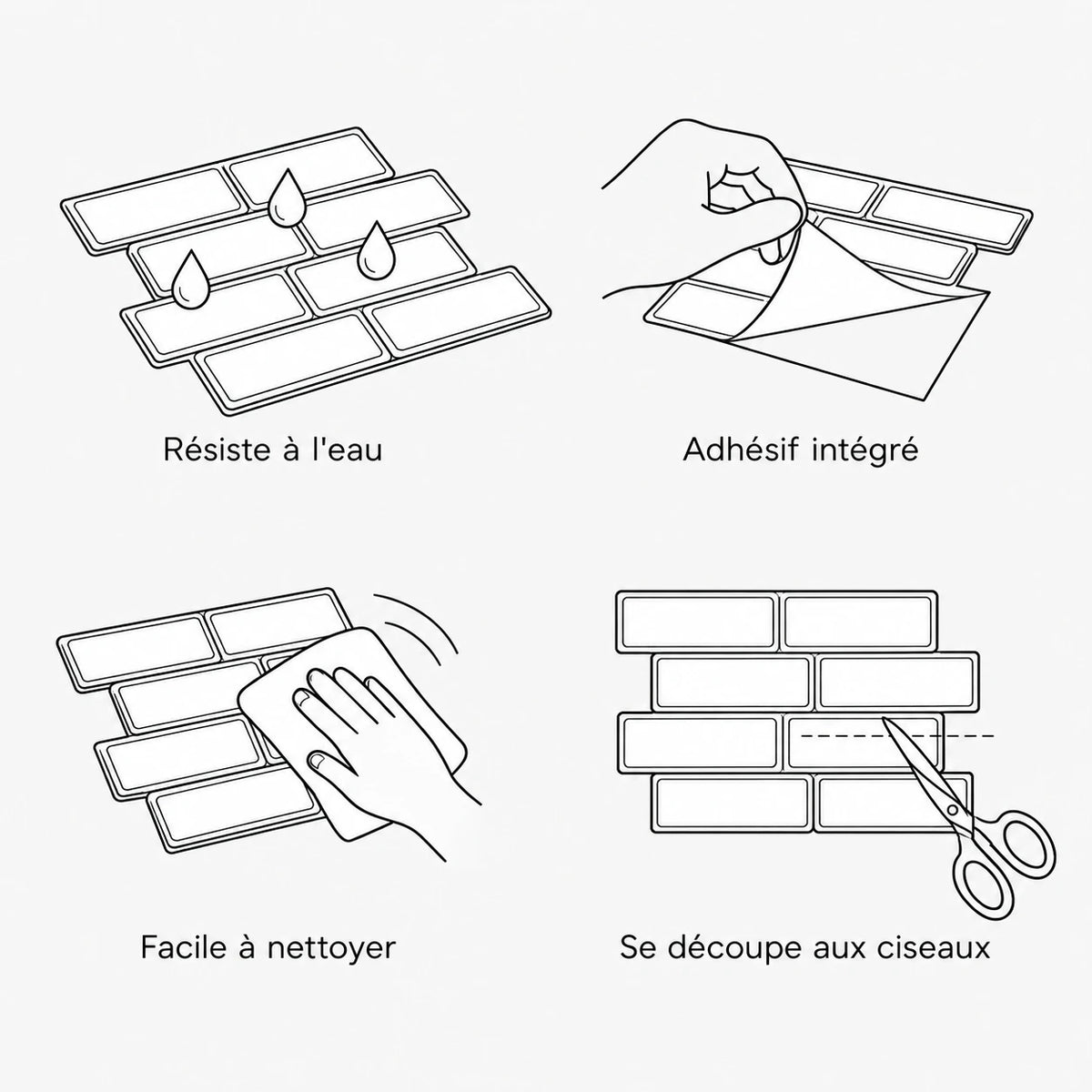 Caractéristiques du carrelage adhésif métro 3D : résiste à l'eau, adhésif intégré, facile à nettoyer, se découpe aux ciseaux