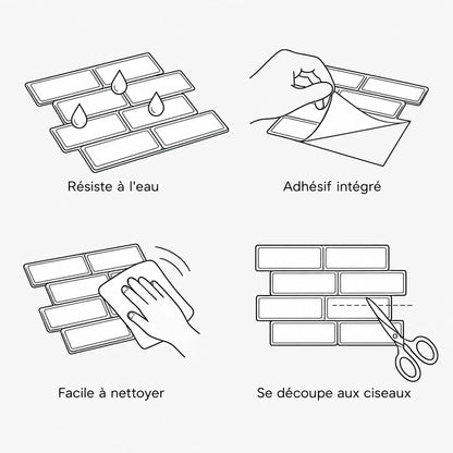 Caractéristiques du carrelage adhésif métro 3D : résiste à l'eau, adhésif intégré, facile à nettoyer, se découpe aux ciseaux
