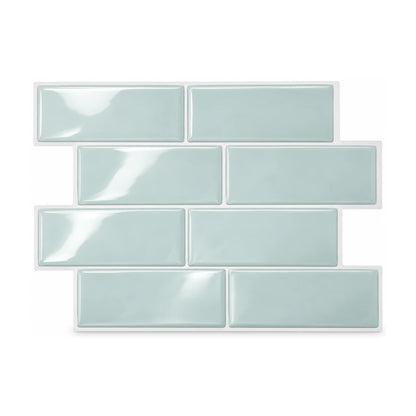 Plaque de carrelage adhésif métro 3D céladon 29,4 x 21,3 cm, huit briquettes brillantes vues de face sur fond blanc
