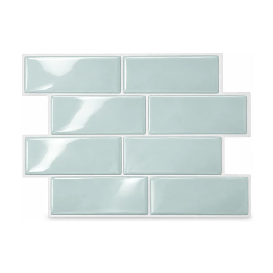Plaque de carrelage adhésif métro 3D céladon 29,4 x 21,3 cm, huit briquettes brillantes vues de face sur fond blanc