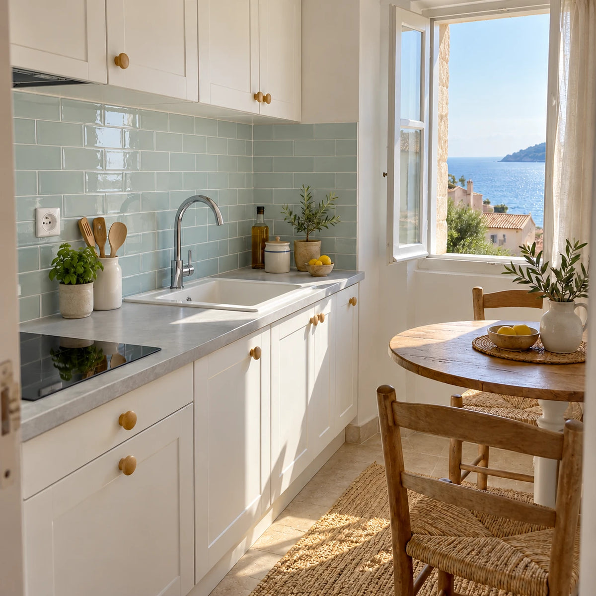 Kitchenette de location de vacances avec crédence en carrelage adhésif métro céladon, petite table ronde et vue sur la mer