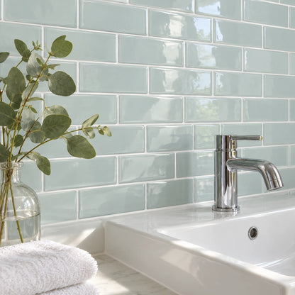 Lavabo blanc avec robinet chromé et branche d'eucalyptus devant un mur en carrelage adhésif métro céladon