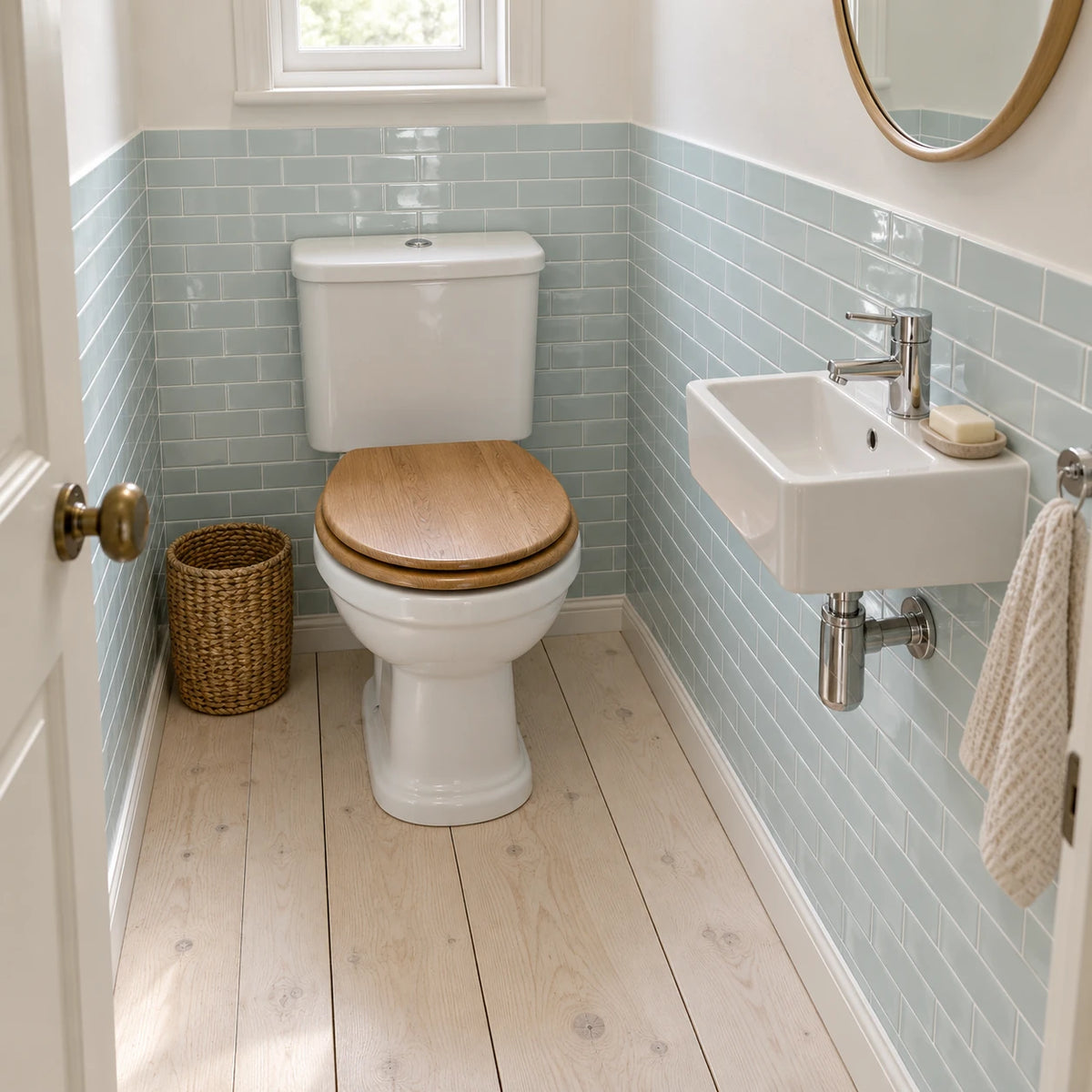 Toilettes avec WC à réservoir à abattant bois, lave-mains et carrelage adhésif métro céladon, plancher blanchi