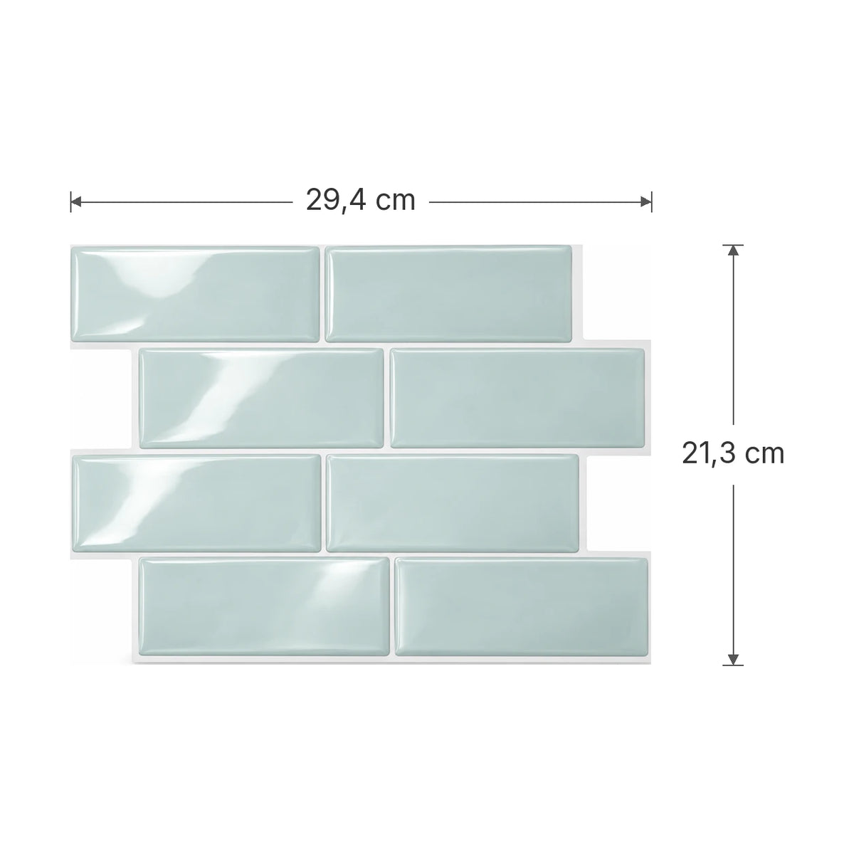 Schéma des dimensions de la plaque de carrelage adhésif métro 3D céladon : 29,4 x 21,3 cm