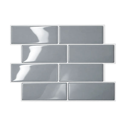 Plaque de carrelage adhésif métro 3D gris 29,4 x 21,3 cm, huit briquettes brillantes vues de face sur fond blanc