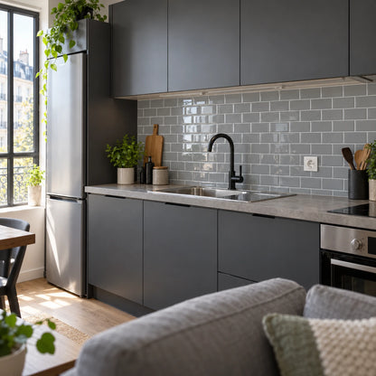 Kitchenette de studio avec crédence en carrelage adhésif métro gris, façades anthracite et plan effet béton