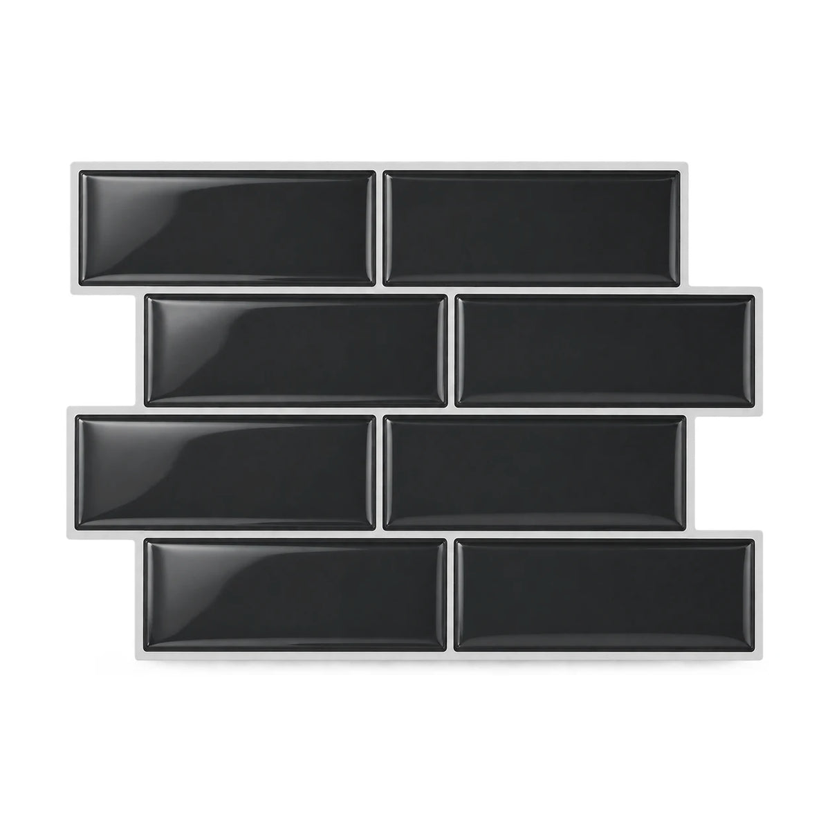 Plaque de carrelage adhésif métro 3D noir 29,4 x 21,3 cm, huit briquettes brillantes vues de face sur fond blanc