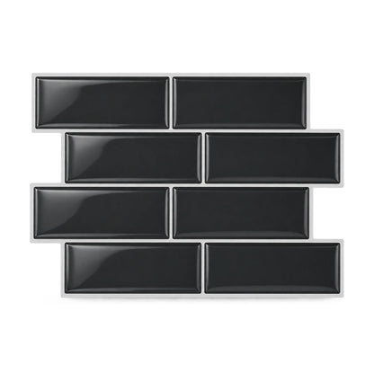 Plaque de carrelage adhésif métro 3D noir 29,4 x 21,3 cm, huit briquettes brillantes vues de face sur fond blanc