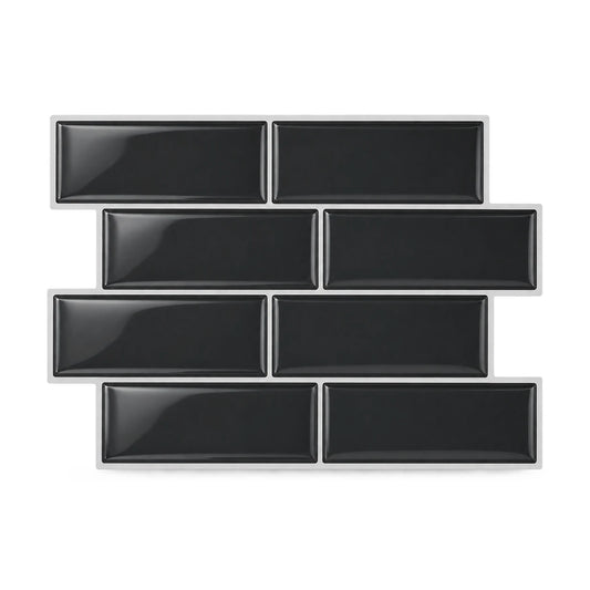 Plaque de carrelage adhésif métro 3D noir 29,4 x 21,3 cm, huit briquettes brillantes vues de face sur fond blanc