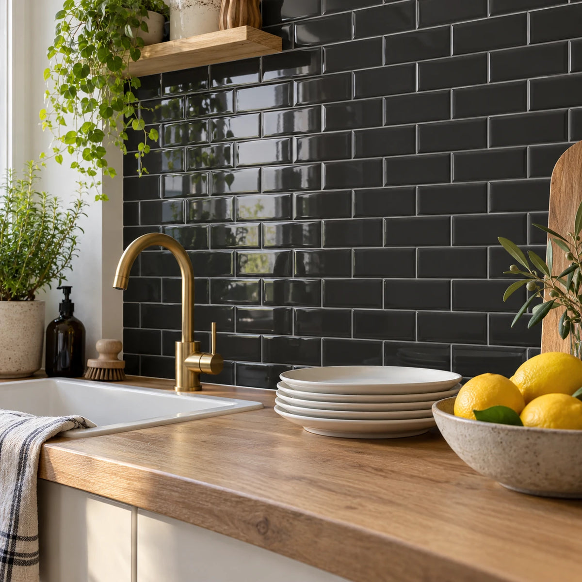 Plan en chêne avec robinet laiton, assiettes blanches et citrons devant une crédence en carrelage adhésif métro noir brillant