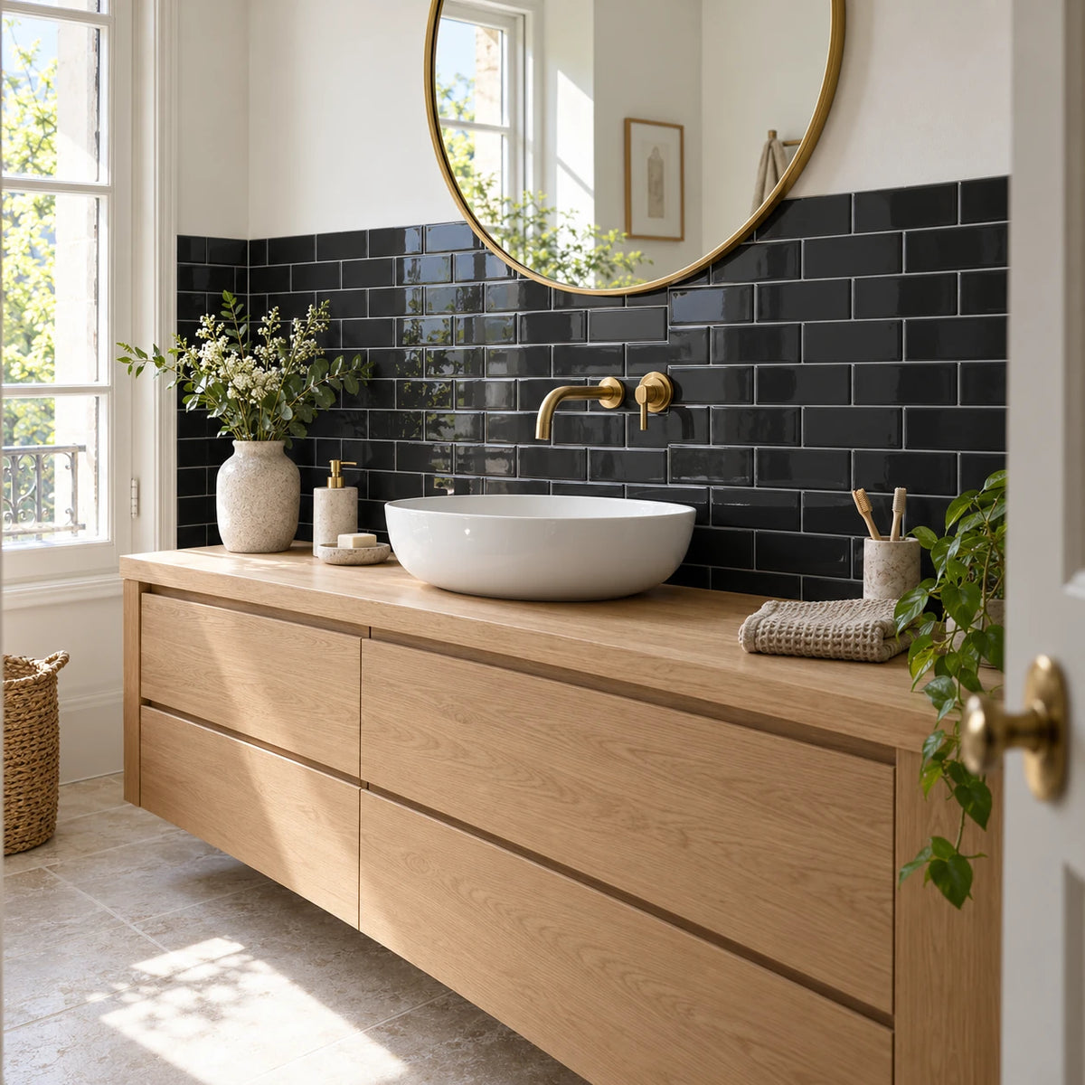 Salle de bain avec carrelage adhésif métro noir, meuble en chêne clair, vasque blanche et miroir rond doré