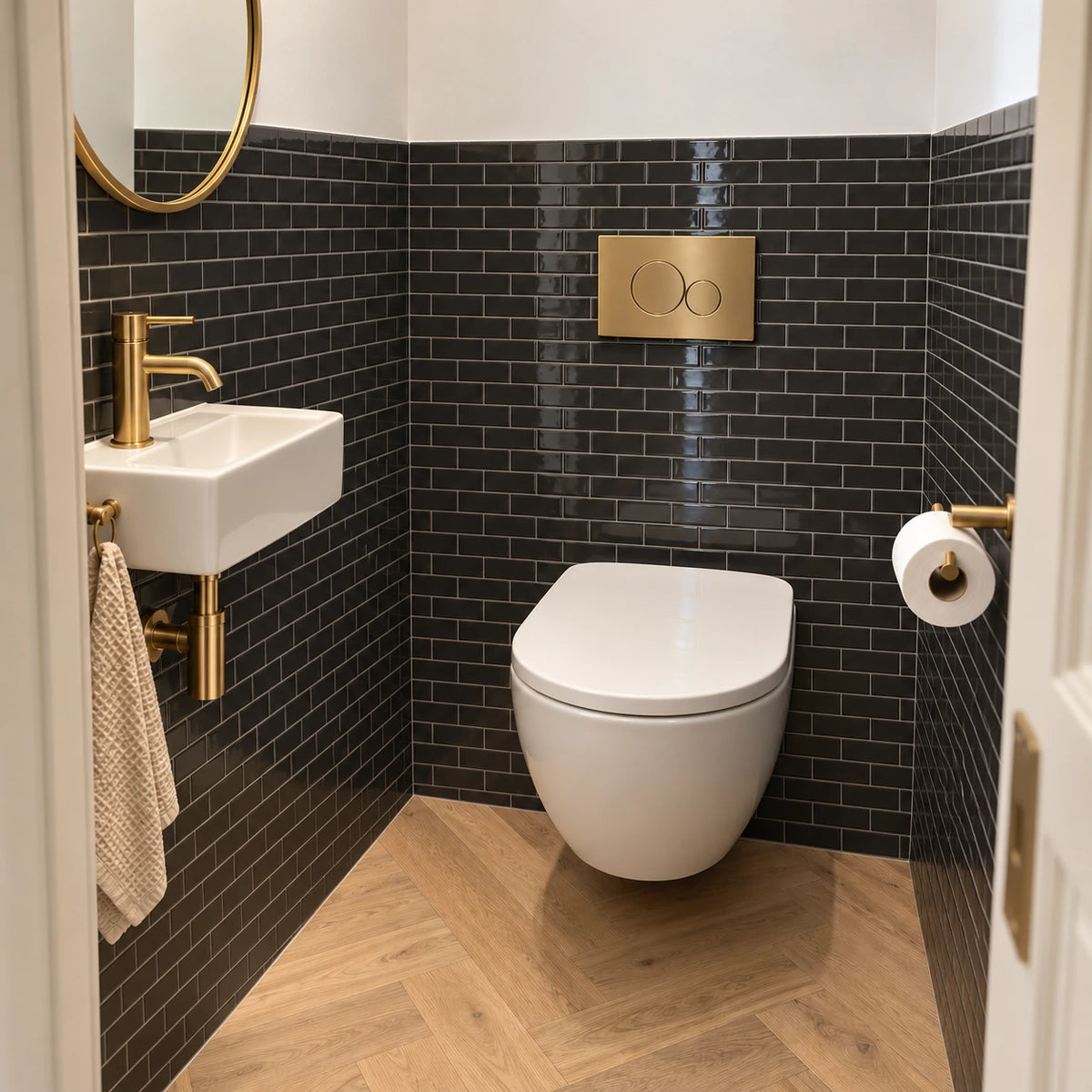 Toilettes avec carrelage adhésif métro noir, lave-mains d'angle, plaque de commande laiton et parquet à chevrons