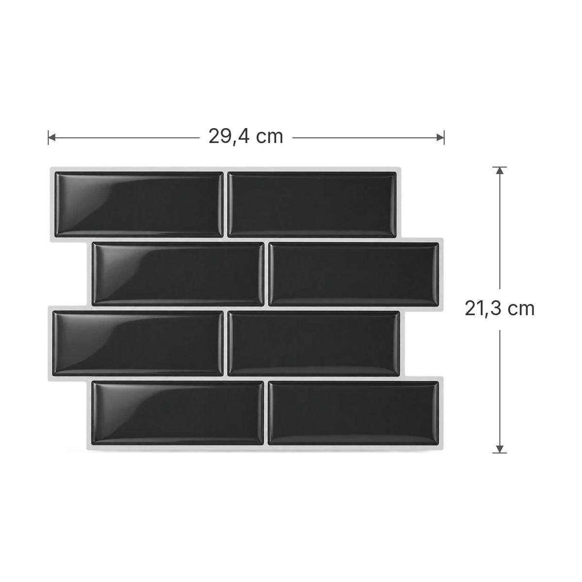 Schéma des dimensions de la plaque de carrelage adhésif métro 3D noir : 29,4 x 21,3 cm