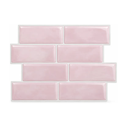 Plaque de carrelage adhésif métro 3D rose poudré 29,4 x 21,3 cm, huit briquettes brillantes vues de face sur fond blanc