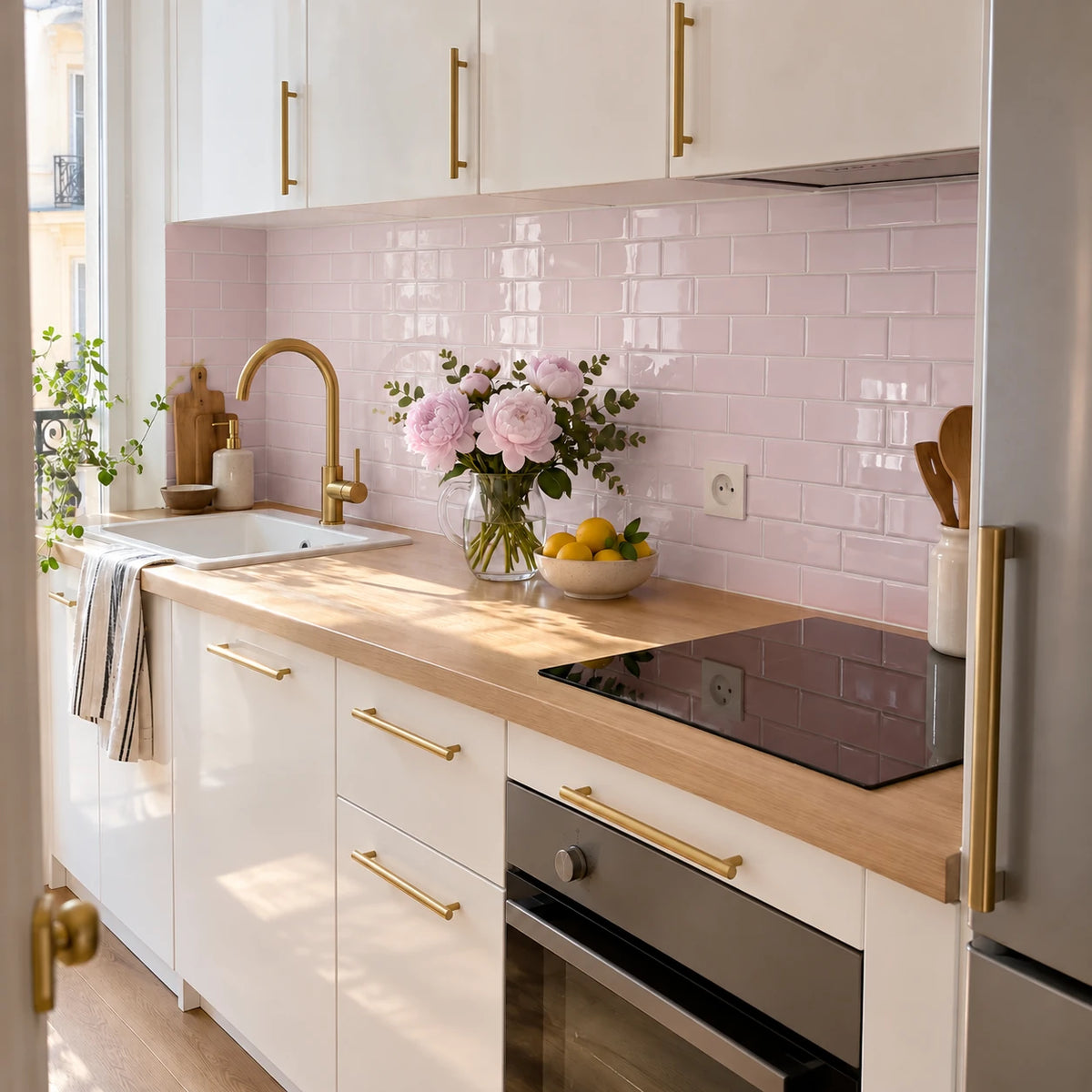 Petite cuisine parisienne avec crédence en carrelage adhésif métro rose poudré, façades blanches à poignées laiton et plan en chêne
