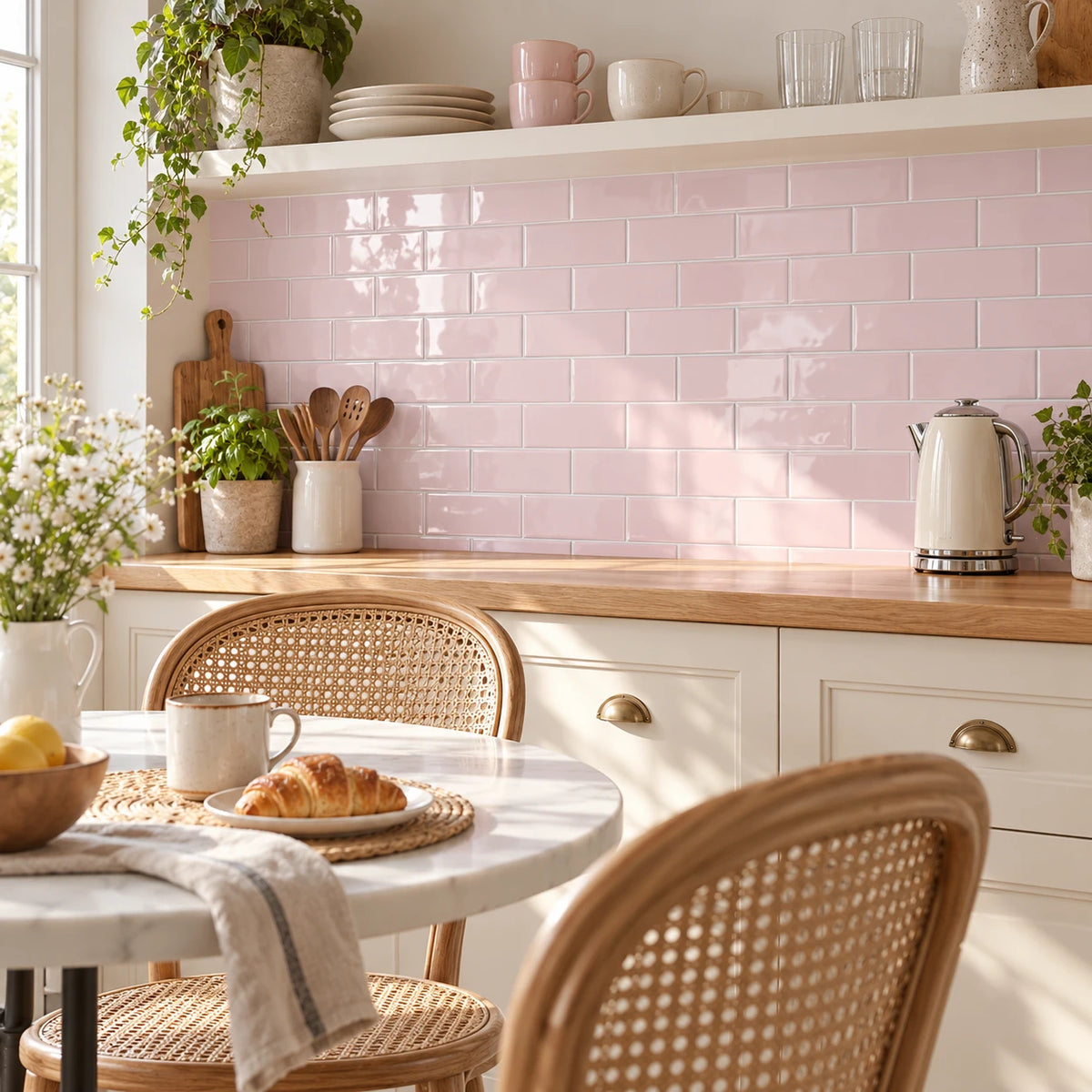 Coin repas avec table bistrot et chaises cannées devant un mur en carrelage adhésif métro rose poudré et une étagère blanche